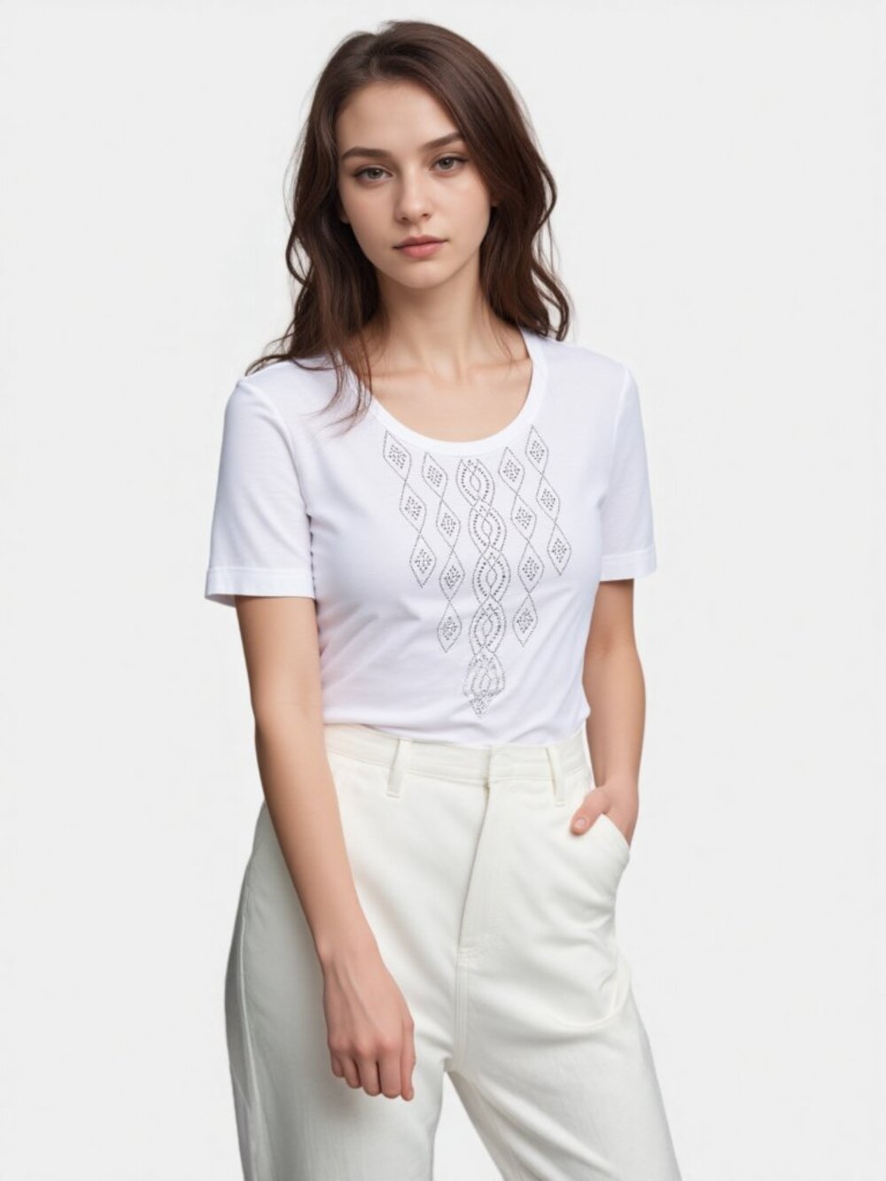 St. John White Short Sleeve Embellished Front Tee